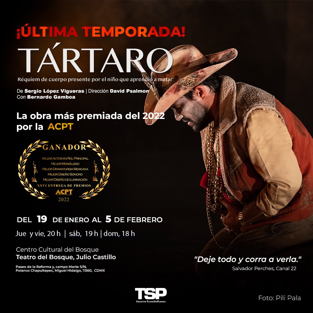 TeatroSinPared's tweet photo. La crítica teatral reconoce a 𝗧𝗔́𝗥𝗧𝗔𝗥𝗢, multipremiada en la XXVI Entrega de Premios @ACPT_Mex 

PRÓXIMAMENTE 🎭Teatro del Bosque,Julio Castillo

#Tártaro #PREMIOSACPT #monólogo #actorprincipal #dramaturgia #diseñosonoro #diseñodeiluminación #TSP #FONCA #EFIArtes #SACPC https://t.co/lOJ3VNt4HP