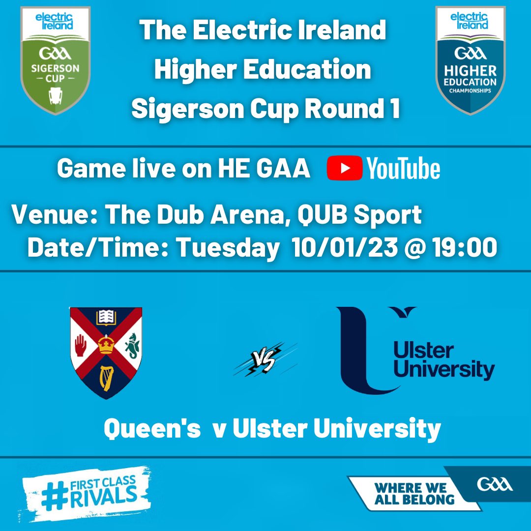 🏐 Tune in to our YouTube on Tuesday evening for the first round of the <a href="/ElectricIreland/">Electric Ireland</a> Sigerson Cup. 

-

🤼‍♂️ <a href="/QueensGAA/">Queens GAA</a> v <a href="/UlsterUniGAA/">Ulster Uni Gaelic Academy</a> 

-

📺 youtube.com/HigherEdGAA/li…

-

#️⃣ #FirstClassRivals #GAABelong