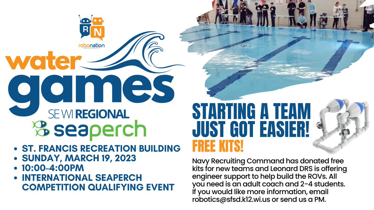 dotsciguy's tweet photo. Registration is open!  #SEWI Regional @seaperch competition will be held at @StFrancisSDWI (3/19/23).  Starting a New Team in the #mke area? - We have FREE Kits available and engineering support thanks to @LeonardoDRSnews and @USNRecruiter.  @AUVSIFoundation https://t.co/BjfokhfSE2
