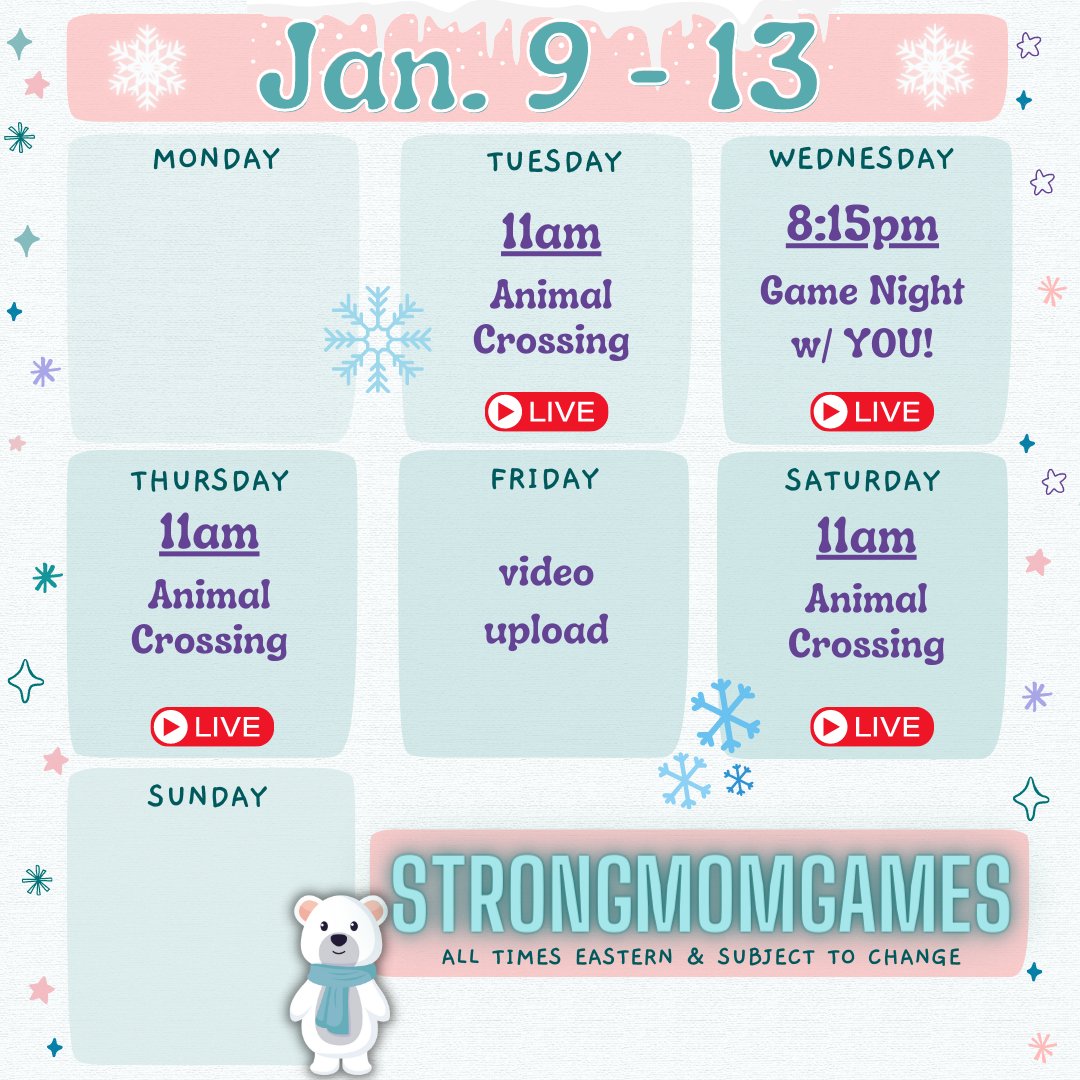 BearyChristy's tweet photo. I'm back from vacation!! I have missed ya'll so much!! Here is my schedule! See you Tuesday morning!!
.
.
๐ท๏ธ#strongfam #schedule #NintendoSwitch #AnimalCrossingNewHorizons #strongmomgames #animalcrossing #youtube #youtubegaming #youtubelivestream https://t.co/pc4lxOVfij