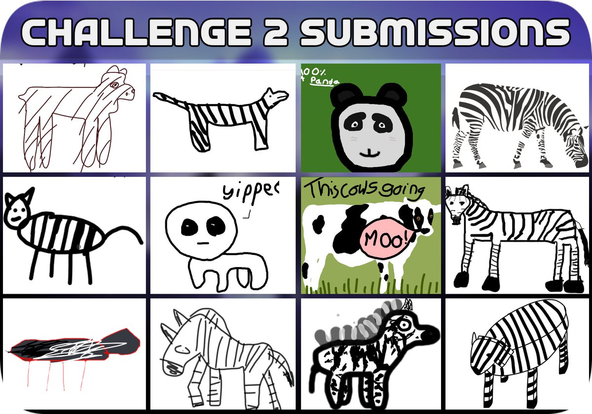 playbuildaverse's tweet photo. Check out some of the submissions received for Challenge #2 of Puzzleverse! Plenty of zebras, a cow, a panda, and a... "yippee"?

Psst.. the correct answer was a WHITE TIGER, but these all get a 10/10! https://t.co/SBvnql9Jmp