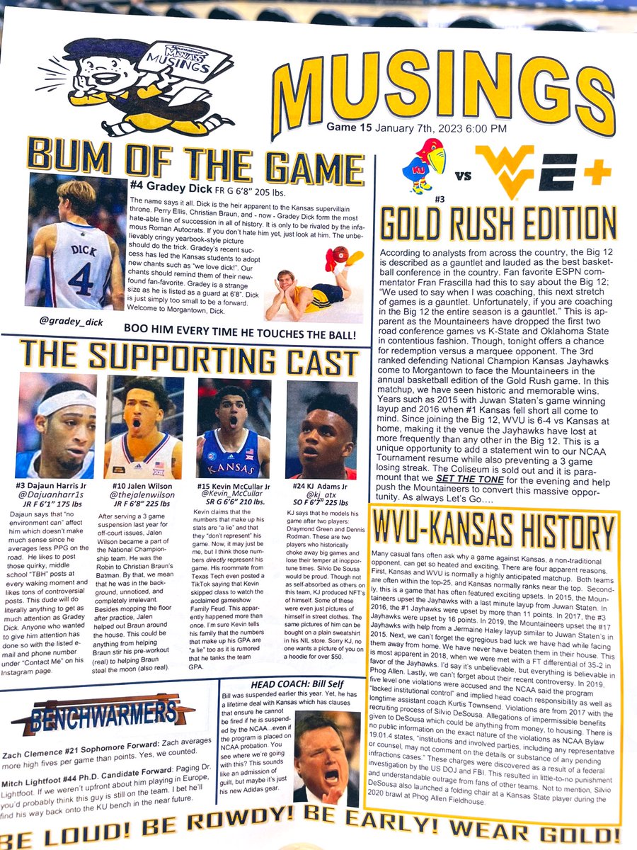 mctait's tweet photo. Now, for your pregame reading &amp; one of my favorite road traditions… This year’s Mountaineer Musings for WVU fans vs. #KUbball https://t.co/XKisFtFwZ4