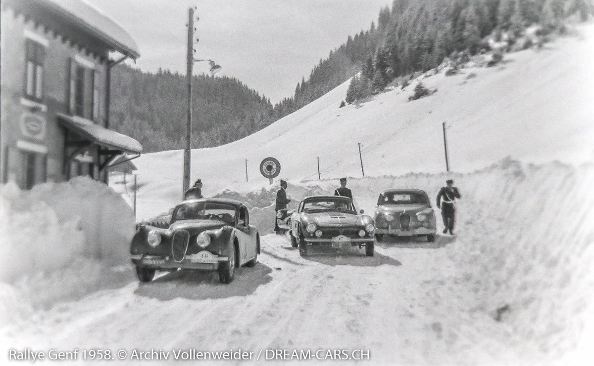 BMW 507 and Jaguar at the Borderline Switzerland / France at Rallye Genève 1958. #BMW #BMW507 #Wintertime #snow #motorsports #Motorsport #Jaguar #JaguarXK