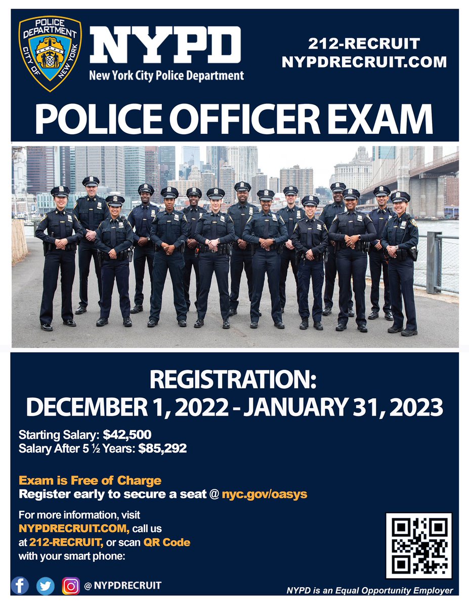 NYPDPSA6's tweet photo. Registration for the Police Exam is OPEN NOW until January 31st.
For more information or to chat with a recruiter from @nypdrecruit, please visit https://t.co/HVoUM4PoqJ, or call 212-RECRUIT.

#StepForward https://t.co/WzUrqX9kq2