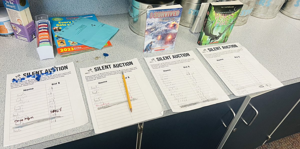 Emily Potter (@teachpotter) on Twitter photo 1st Silent Auction was a hit! A St was absent 4 our class auction B4 break (use fake $ earned 2 buy handmade items) I did a silent auction & added 2 📚. Sts were excited 2 use their earned $ 2 bid on a 📖. ❤️ this & will be doing more of them! <a href="/laurenTarshis/">Lauren Tarshis</a> 📚 R always a hit! 1st Silent Auction was a hit! A St was absent 4 our class auction B4 break (use fake $ earned 2 buy handmade items) I did a silent auction & added 2 📚. Sts were excited 2 use their earned $ 2 bid on a 📖. ❤️ this & will be doing more of them! <a href="/laurenTarshis/">Lauren Tarshis</a> 📚 R always a hit!