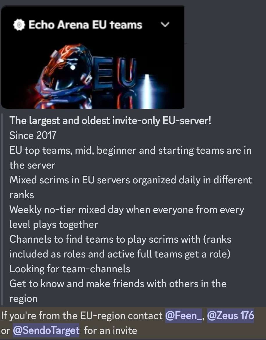 EchoArena_VRML's tweet image. 📣Calling you EU folk looking for players in your timezone!

If the description below interests you, contact @sendojuuso, Feen or Zeus176 in Discord! They'll send you an invite🌟

Find your future teammates today🔥
Already there? Help spread the news!
#vrsports #echovr #esportsvr