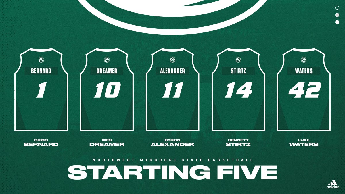 NWBearcatMBB's tweet photo. Today's starters against Missouri Western 🔽

1 - Diego Bernard
10 - Wes Dreamer
11 - Byron Alexander
14 - Bennett Stirtz
42 - Luke Waters https://t.co/sQ73iCPVUr