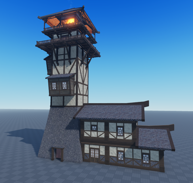 TheAsync_'s tweet photo. Torre de farol, fiz misturando um pouco de arquitetura medieval européia e japonesa

#Roblox #RobloxDev #DesenvolvedorRoblox https://t.co/OBwr4UFWHX