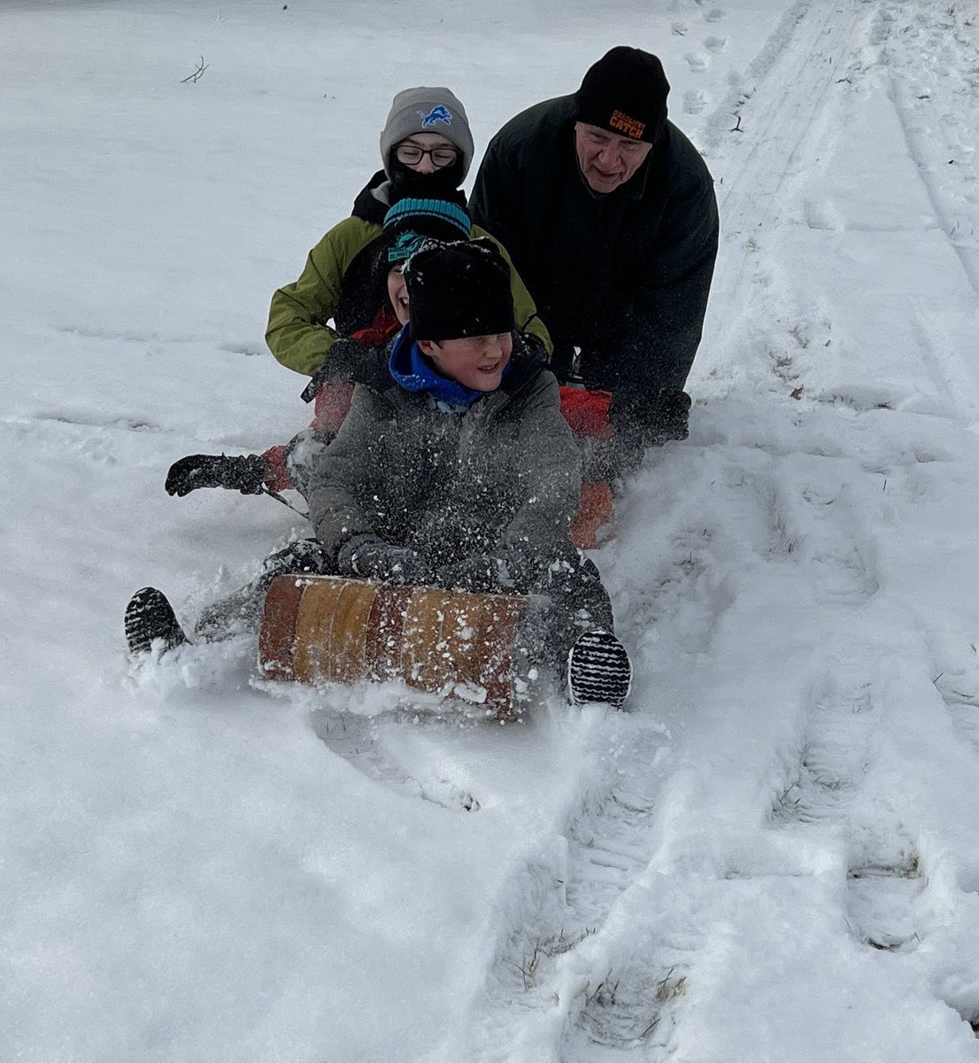 BarnesMathSci's tweet photo. Couple favorite photos from break #NoviWinterBreak Boys sledding with my dad and I finished sock #1 https://t.co/uF1bwZiUDD