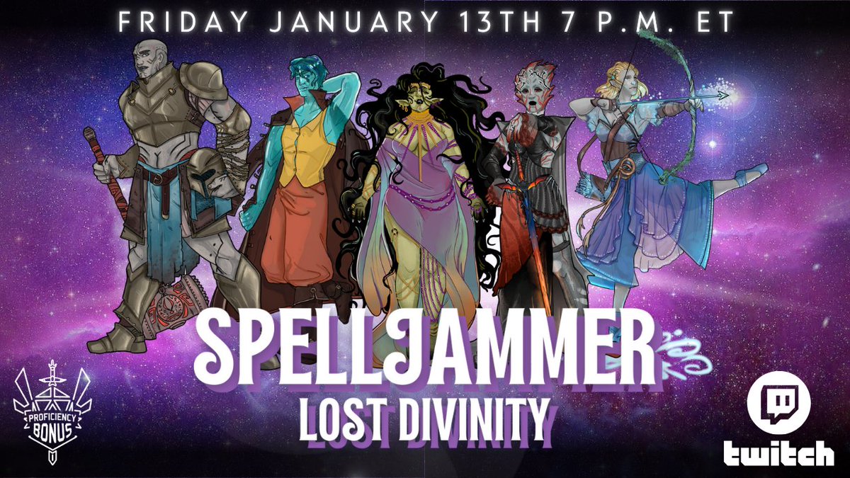 profBONUS's tweet photo. We are SO excited! #spelljammer #lostdivinity is THIS FRIDAY #live on #twitch! Join us for this brand new #dnd adventure. #dnd5e #dungeonsanddragons #dice #rpg #twitchtv https://t.co/2ZfuvWv9KR