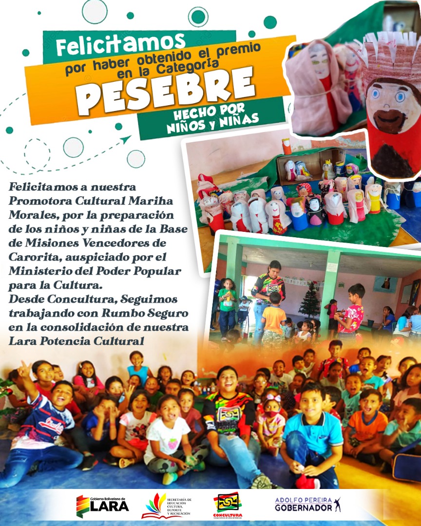 ConculturaLara's tweet photo. #LaraPotenciaCultural
Felicitamos a nuestra Promotora Cultural @mharysur y los niños(as)  de la Base de Misiones Vencedores de Carorita por alcanzar el premio en el concurso Nacional de Pesebres del @minculturave
#VenezuelaProspera
@VillegasPoljak
@AdolfoP_Oficial
@EleamerAbdala https://t.co/bWKcWOgoGl