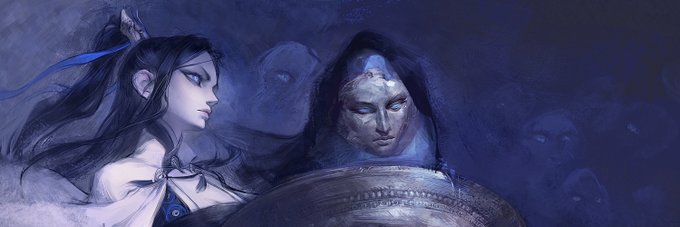 Pandora and her shield spirit (based on the Death Masks of Mycenae). 
About time I gave this account a banner. 