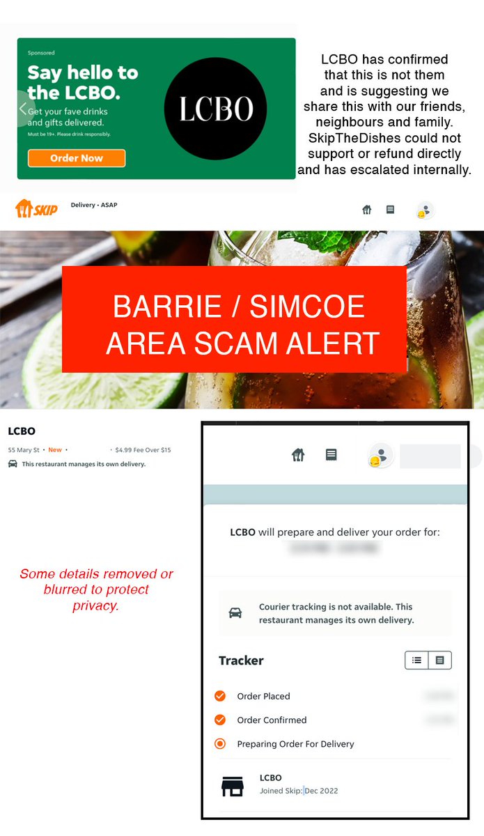 MyRitualMagic's tweet image. Potential #SCAM ALERT: #Barrie @LCBO just informed us that the "LCBO" on @SkipTheDishes is "fraud...they are not associated with Skip..."   Order did not show, no update, no contact, and currently Skip support team is "looking into it" and will get back to us 🤞  (will update)