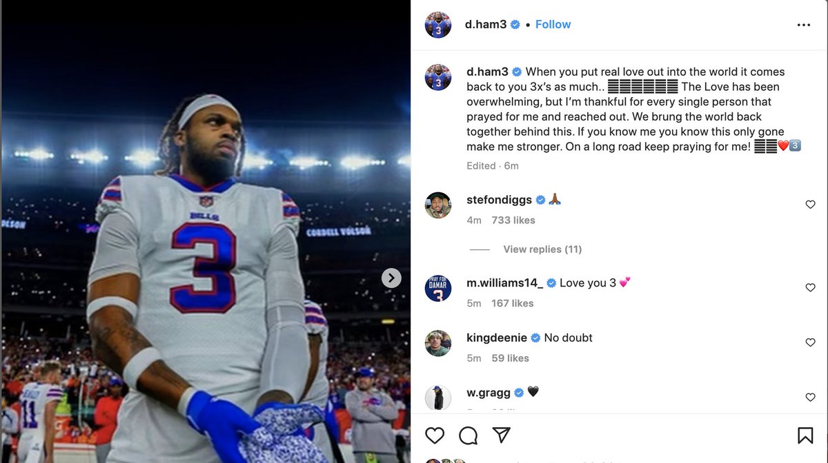 Damar Hamlin posted this to Instagram a short time ago