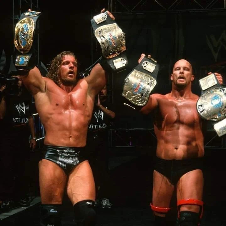 TheCovalentTV's tweet photo. The Two Man Power Trip (WWF Champion Stone Cold Steve Austin & Intercontinental Champion Triple H) winning The WWF Tag Team Championships at Backlash 2001 https://t.co/sSLB49u13b