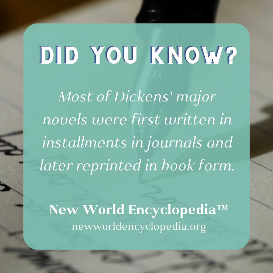Did you know?

Most of Dickens' major novels were first written in installments in journals and later reprinted in book form.

Learn more facts at newworldencyclopedia.org.
.
.
.
#fact #didyouknow #dailyfact #newworldencyclopedia #encyclopedia #knowledge #charlesdickens #books