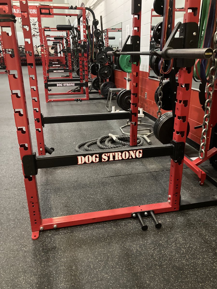 cjdogpower's tweet image. The room has been re set to allow better flow for our large number workouts!  Thanks to our graphic design class for our new stickers for the racks!  Time to get back after it and have a great second semester!  #dogstrong