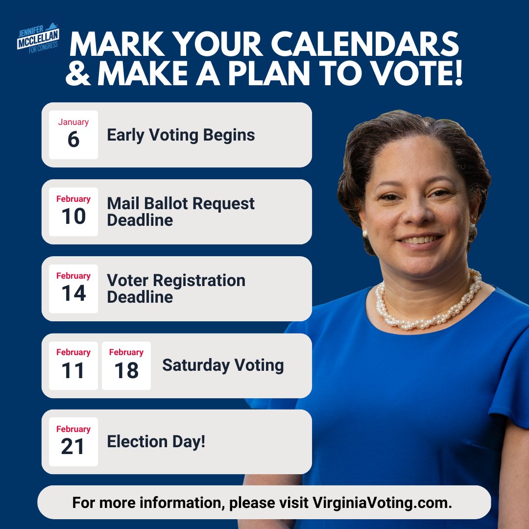 JennMcClellanVA's tweet photo. Whether by mail or in-person, early or on Election Day, it's critical that every voter makes their voice heard in this special election in #VA04. 

Make the voting plan that works best for you and your schedule by visiting https://t.co/1t6448MHEE 🗓️🗳️ https://t.co/WTIVF4dItc
