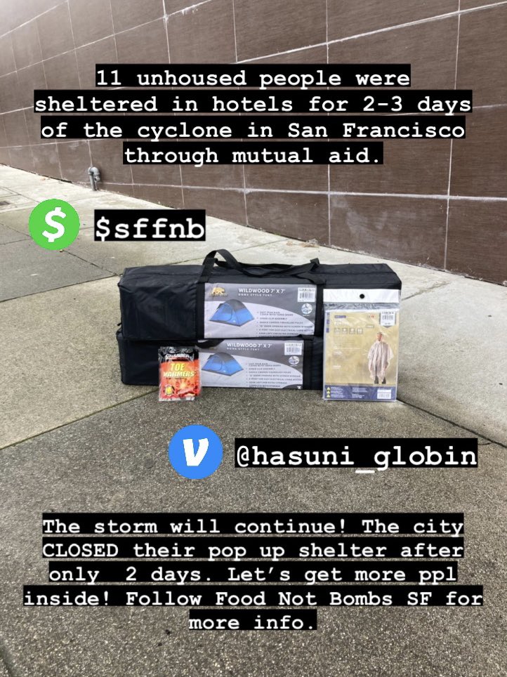 11 unhoused people were sheltered in hotels for 2-3 days during the cyclone in San Francisco through mutual aid. The storm will continue! The city CLOSED their pop up shelter after only 2 days. Let’s get more people inside! Follow @sffoodnotbombs for more info.