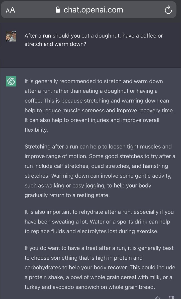 SamirMadi01's tweet photo. Some important running answers brought to you by #ChatGPT π
Sorry ChatGPT, you will never stop me having my βοΈ and π© after my runs! Ever! π
#Running #Runners #runchat #ukrunchat #ausrunchat #ArtificialIntelligence @runnersworld https://t.co/9RHvFNXHi0