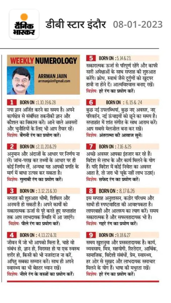 Astroarrman's tweet photo. Weekly predixtion axxordinf to date of birth...

#numerology 
#astroarrman 
#astrologyposts 
#vastutips 
#dainikbhaskar 
#weeklyhoroscope 
#numbers 
#dateofbirth 
#rashifal 
#Twitter 
#childname https://t.co/P0vDcTw6NE