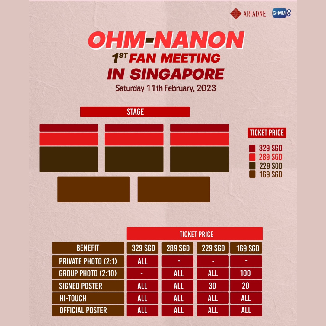 Ticket on sale NOW!!
OHM-NANON 1st Fan Meeting in Singapore 💚❤️
🏷️Ticket price: 329/289/229/169 SGD
📱🎫 Buy ticket >> ticketmelon.com/ariadne/ohmnan…

* Lucky fans announce on 28 Jan at 6.00 PM (SG time).

#OhmNanon1stFMSG #OhmNanon #Ohmpawat
#Mynameisnanon #ARIADNE #GMMTV