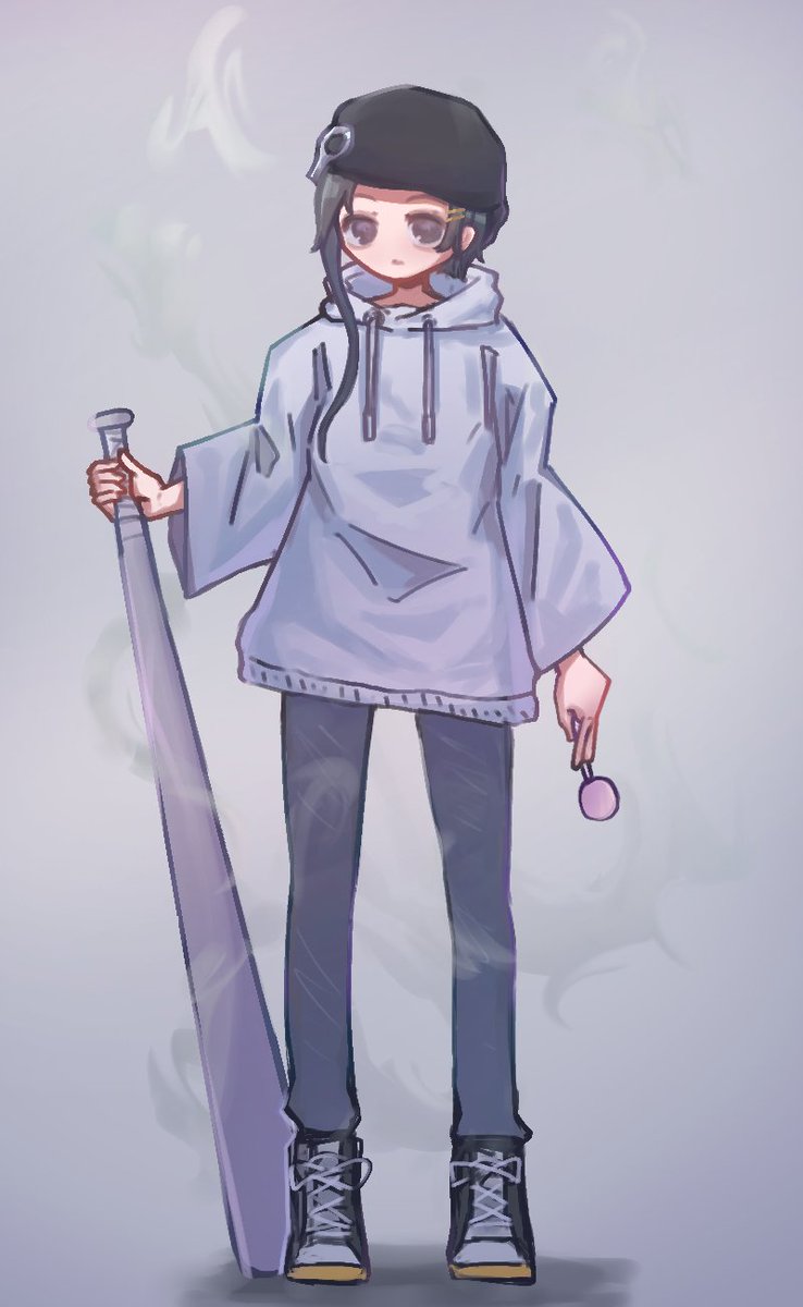 1girl solo baseball bat hood hoodie holding lollipop  illustration images