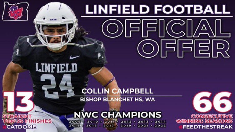 After a great conversation with @coachbelliott, I am Blessed and thankful to receive my 2nd offer to the University of Linfield! @CoachLyons6 @CoachJVaughan @TFordFSP @RealMG96 @CoachSalle @JWilley3 @BrandonHuffman @RylandSpencer