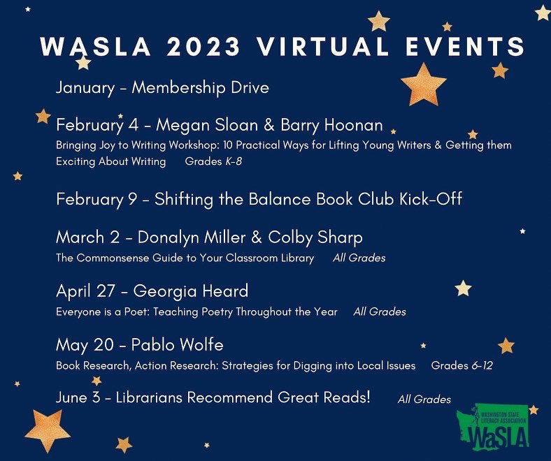 WaStateLiteracy's tweet photo. Check out WaSLA’s amazing lineup of events! Register at www.Washington https://t.co/HYTJ2EuLBU https://t.co/juVVnPmlZs