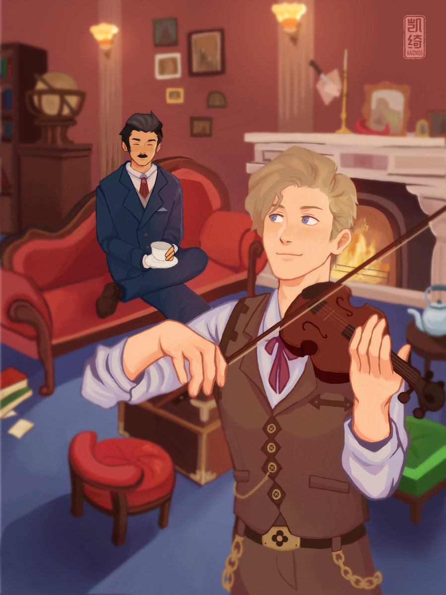 my piece for <a href="/hmmkproject/">Project HMMKHM @ ORDERS CLOSED</a> zine! mikotoba enjoys listening to holmes’ violin. 🎻🫖
#homumiko