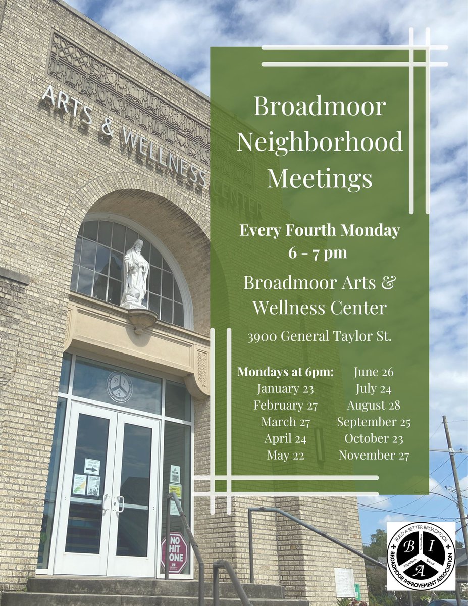 Save the date for our monthly Neighborhood Meetings! Every 4th Monday of the month at 6pm at the Broadmoor Arts &amp; Wellness Center (3900 General Taylor). 
Our first meeting of the year will be on Mon 1/23 from 6 to 7pm. RSVP at the following link: bit.ly/BIAmeeting