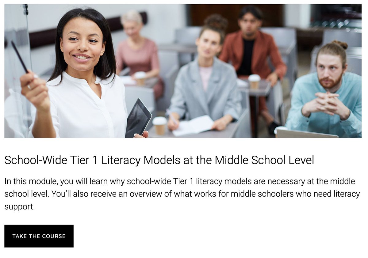 Here's a free online module for middle school leaders and teachers on School-Wide Models for Tier 1 Literacy Instruction funded by an #IES #NCSER grant! Worth checking out!
 aimcoaching.org/resources/trai…