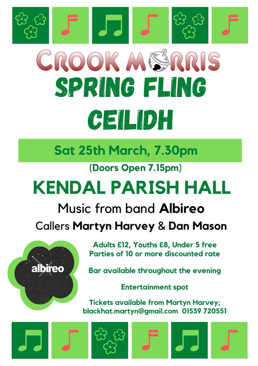 After 3 years of cancellations, our Spring Fling Ceilidh is back again. 4th time lucky hey?
Expect a wonderful evening of ceilidh dancing with music provided by the amazing band Albireo. We have two great callers on the evening, Martyn Harvey and Dan Mason.