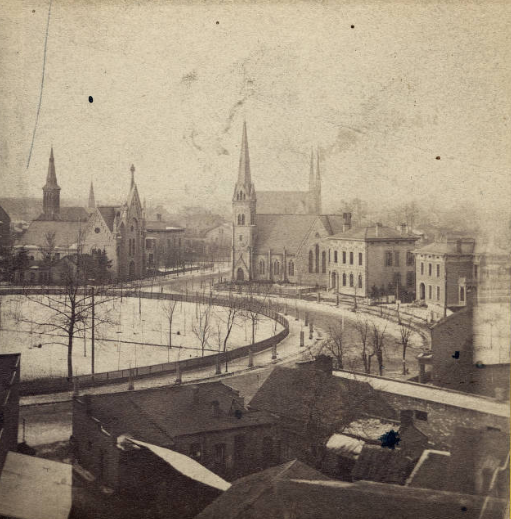 Before the Monument: Circle Park, looking north up Meridian Street, 1873.

Christ Church Cathedral is the only building which still exists.

(Indiana Historical Society) #LitIndyHighlights
