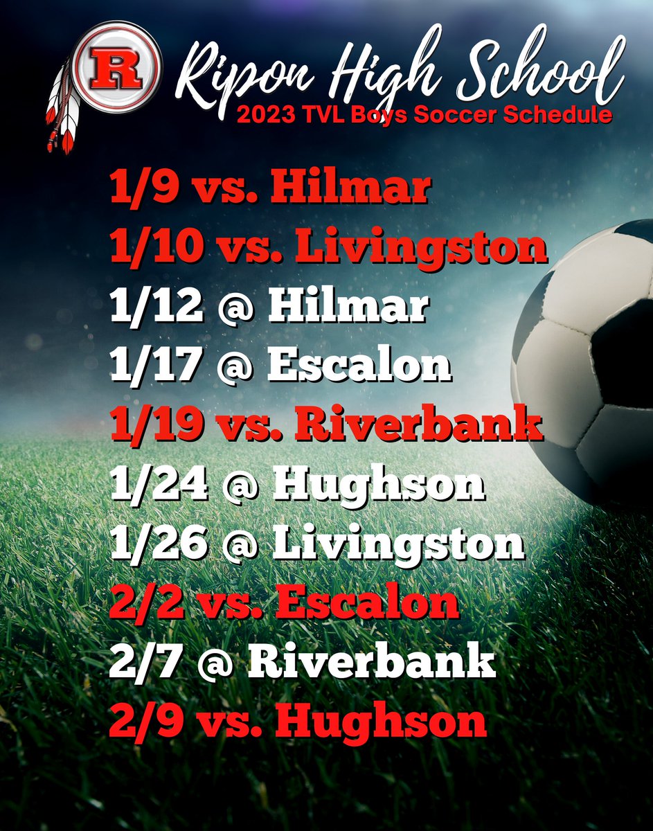 RHSSuperFan's tweet photo. ⚽️ TVL Play begins MONDAY for Boys Soccer
Reminder: HOME games during January will be played at Mary Grogan Park in Modesto #RiponIndians https://t.co/z0JGfaHRog