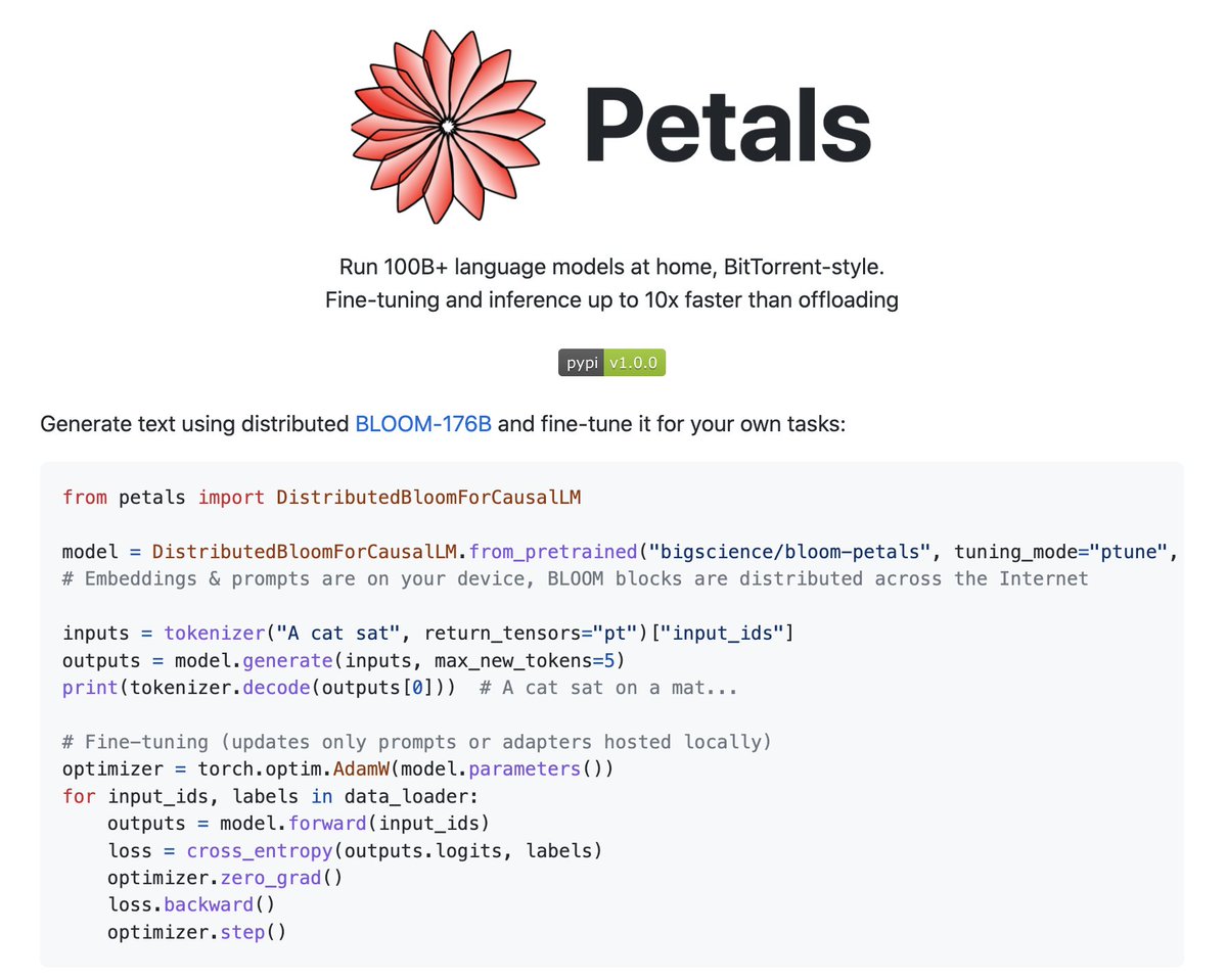 This is genius. Petals🌸 lets you run HUGE language models like BLOOM-176B at home by decentralizing the process. 

You load a small part of the model and other people will  run inference or fine-tuning (up to 10x faster than offloading).

🛠️ Github: github.com/bigscience-wor…