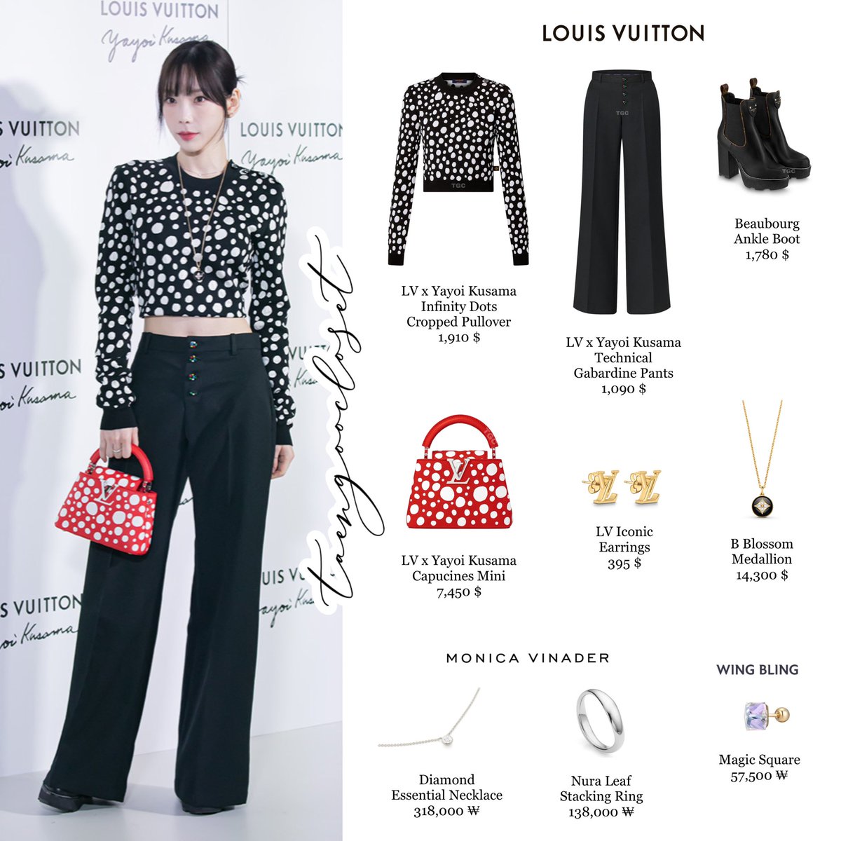 taengoocloset's tweet photo. [230106]
@LouisVuitton x Yayoi Kusama Collection Launching Event

Taeyeon is wearing Louis Vuitton, Monica Vinader and Wing Bling

#TAEYEON #김태연 #태연 #LouisVuitton #LVxYayoiKusama @TAEYEONsmtown https://t.co/TPkta9pRTE