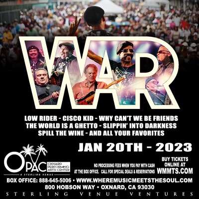 #JustAdded The OPAC is proud to announce that the #Funk #Rock &amp; #Soul band #WAR is coming to #Oxnard Friday, January 20, 2023! This legendary group is ready to keep you partying all night as they perform their greatest hits. Get your tickets at buff.ly/3VUAPic #805events