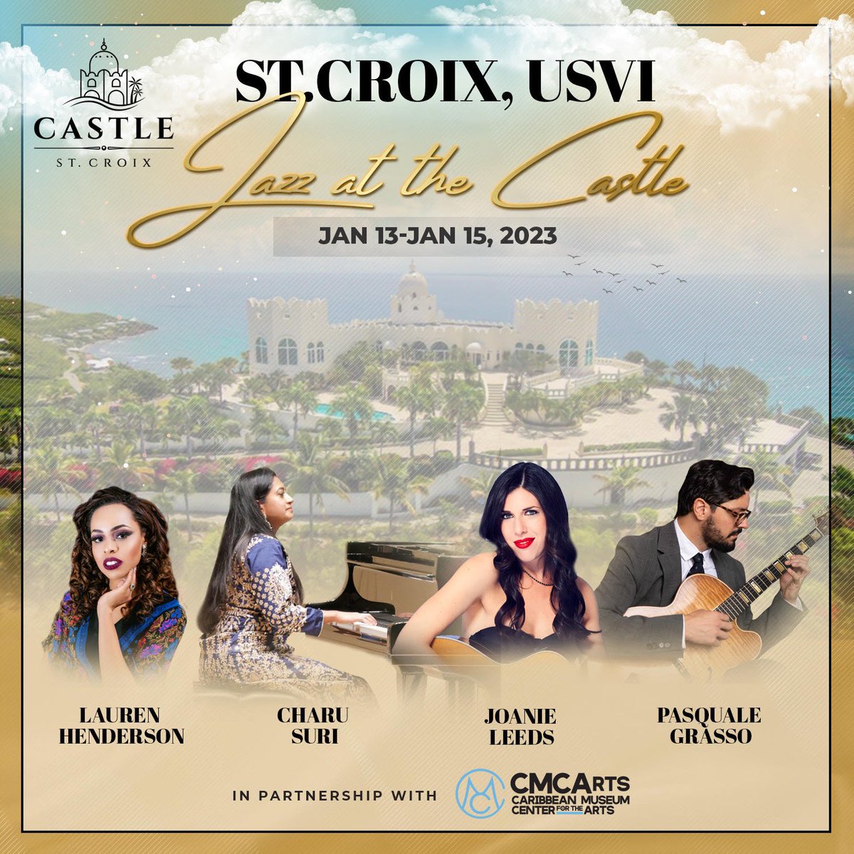 charusurimusic's tweet photo. Just week away from Jazz at the Castle in St. Croix! Honored to perform the weekend with Grammy-winning Joanie Leeds, Pasquale Grasso, & Lauren Henderson ! https://t.co/QgXq6DfcAu @cmc_arts #jazzatthecastle #stcroix https://t.co/aYff4GUvxP