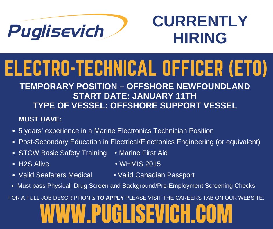 Now Hiring 
Electro-Technical Officer (ETO)

To apply click the link below:
 appone.com/MainInfoReq.as… 

#puglisevich #offshore #newfoundland #ETO #marineengineer #marinejobs #offshorejobs #marineindustry #hiring #vacancies #recruiting #careers #nowhiring #jobsearch #job #applynow