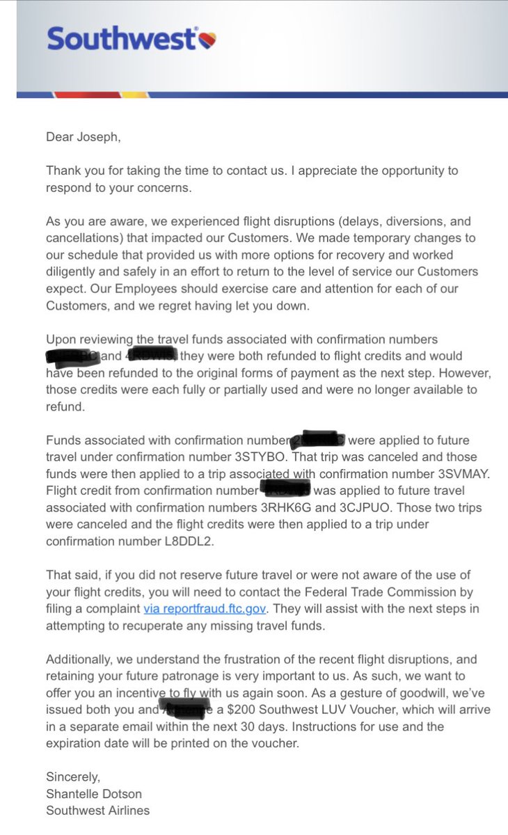 adrienner0se's tweet photo. @JBattistelli @SouthwestAir @FTC After complaining to @SouthwestAir that our flights that were cancelled were only partially refunded to non transferable credit and not our payment, they sent us this email saying to contact @FTC How is SW not refunding us and telling us to report them?! https://t.co/PlTP72qMb3