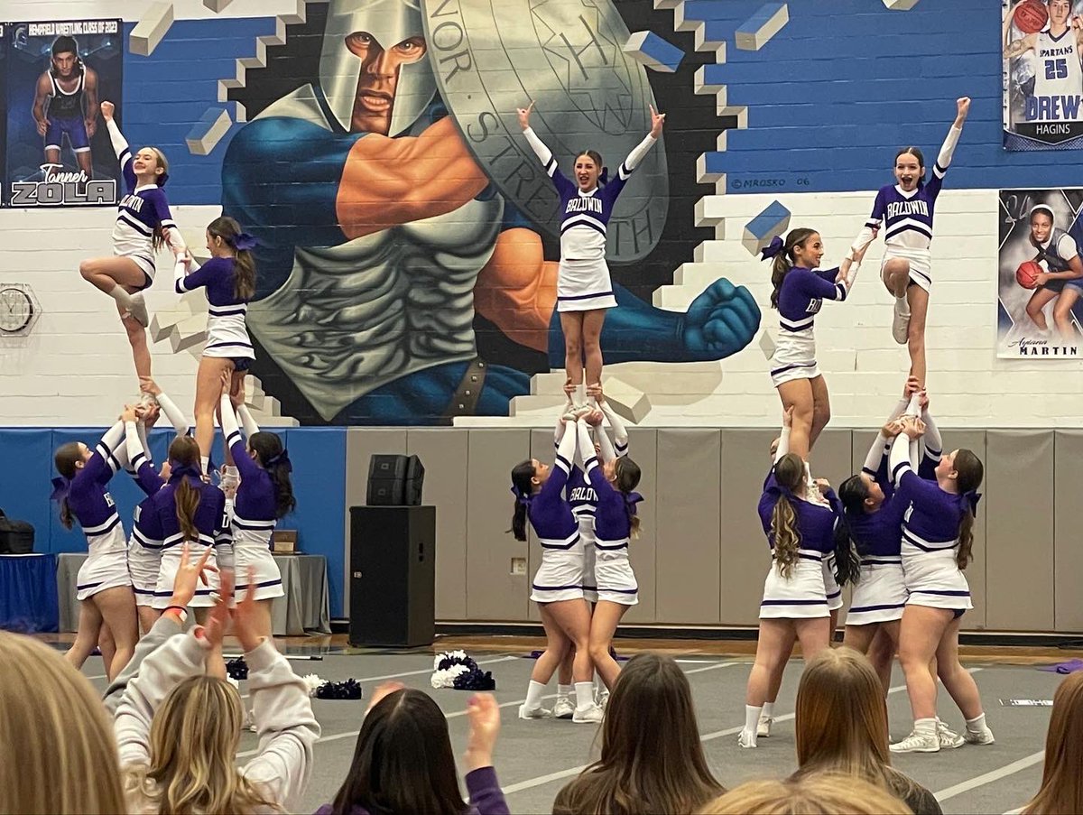 BaldwinHSCheer's tweet photo. Congratulations to our Competitive Team who received a bid to the PIAA State Cheer Championships in Hershey! 🍫💜 #ALLINFORBALDWIN https://t.co/mPA5PTDHDJ