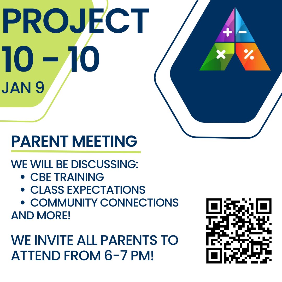 It's the end of the winter break, and that means Project 10-10 is back in full swing! But first, we have a parent meeting on Monday January 9th, so we can discuss:

- Our new CBE Training Class
- Class Expectations
- Community Connections
And more!

See y'all then!