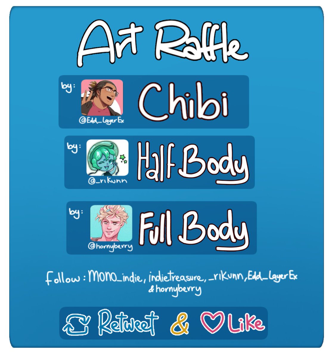 MONO_indie's tweet photo. 🎉ART RAFFLE🎉 3 GANADORES CADA UNO UN ARTE DE UNO DE LOS SIGUIENTES ARTISTAS! 🎉🎉🎉
REQUISITOS: Seguir a @IndieTreasure, @MONO_indie, @Edd_LayerEx, @_Rikunn, @hornyyberry + Dar me gusta y RT a este tweet. 
🎉Podéis participar hasta el 8 de febrero 🎉 https://t.co/5IW3nlzHAj