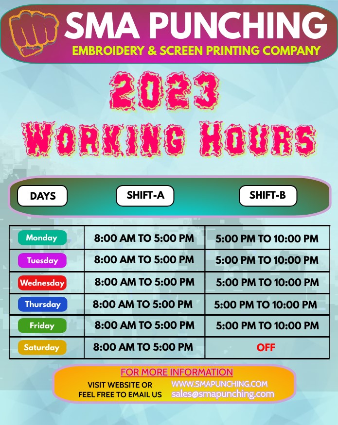 SMA Punching is Glade to announce his NEW Official TIMING to serve their customer best on time,

#SMAPunching #embroidery #digitizing #design #vector #screenprinting #color #new #year2023 #Revision #stitch

Website: smapunching.com
Email: sales@smapunching.com