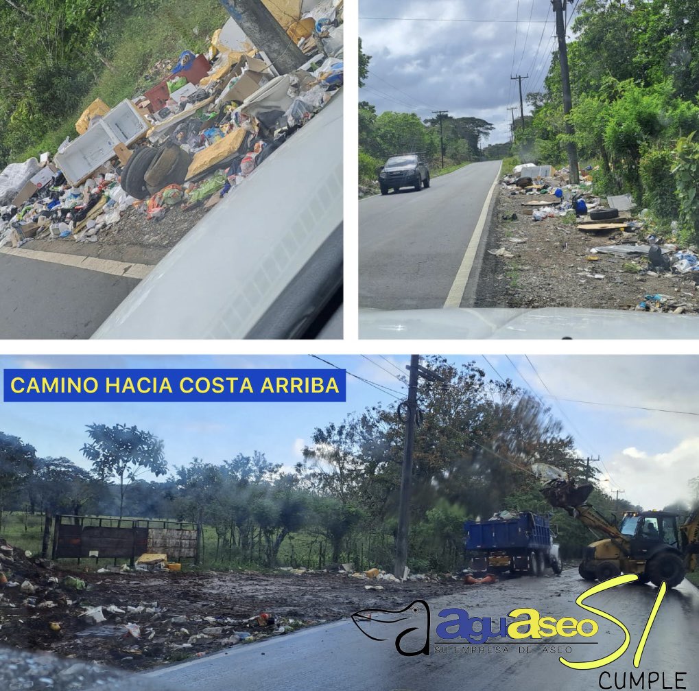 Aguaseo's tweet photo. Seguimos trabajando y hoy estuvimos junto a nuestro equipo en los diversos puntos de acumulación de basura camino a las playas de la Costa Arriba.

Importante disponer adecuadamente de los desechos, para evitar que estén sobre la vía. 

“No ensuciar, también es limpiar” https://t.co/LCJZvPdwPe