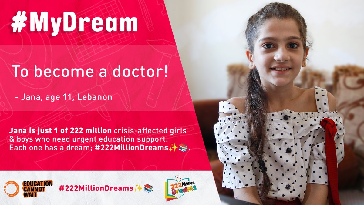EduCannotWait's tweet photo. “When I grow up I want to be a doctor, I want to help the sick,”~ Jana, age 11 #Lebanon🇱🇧

Learn more about Jana's inspiring journey as she reaches her dreams of a quality/inclusive education. Each one has a dream; #222MillionDreams✨📚

https://t.co/5XGGgAD0S4
#MyDream #HLFC2023 https://t.co/dr3KLGp4g6