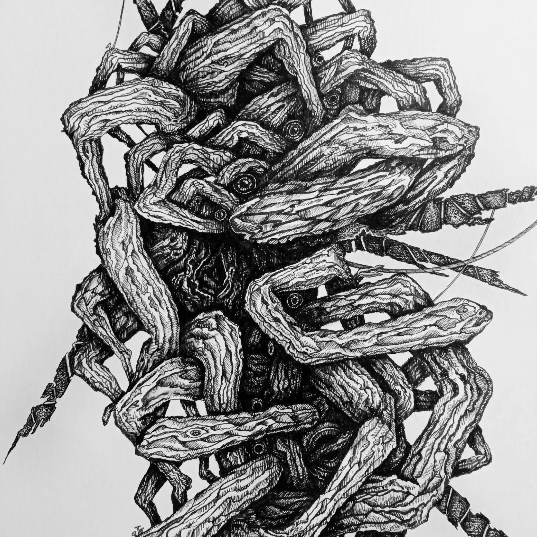 IWeirling's tweet photo. @Panose_wl I've grown real proud of 'Leviathan'. I think it works well as a visual representation of my (borderline crippling) anxiety as well as being a satisfying piece of art in composition and form. I get it out occasionally just to mull it over and I always think it's pretty neat. https://t.co/smGWjGHsZY