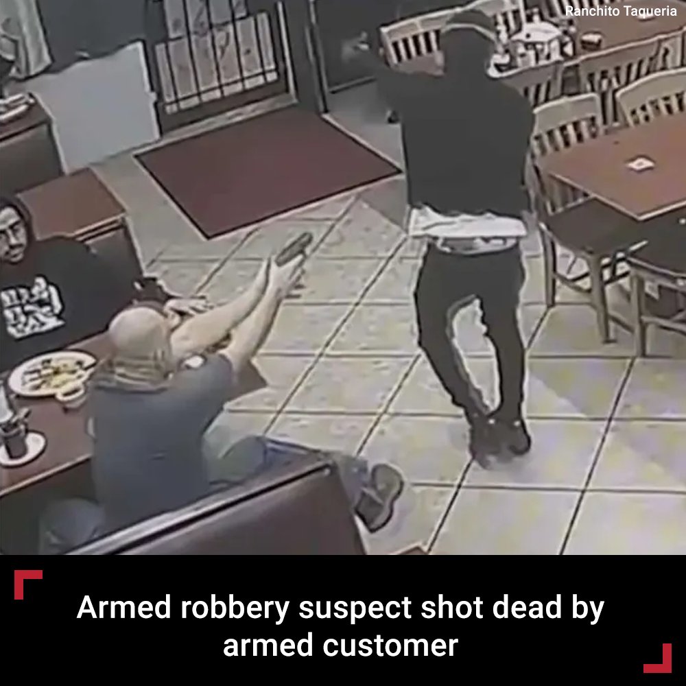 FoxNews's tweet image. STOPPED COLD: Before fleeing the scene, the gunman returned all the money the burglar had stolen from restaurant patrons. fxn.ws/3GOlAmT