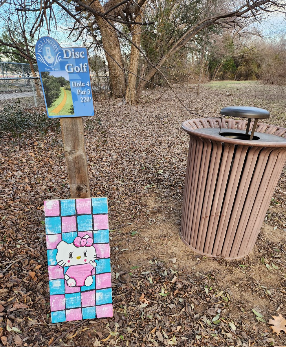 eclectic_lee's tweet image. Hello Kitty! A fun sign welcoming me to hole #4 at Wellington in Flower Mound elicited a smile which turned into a full grin when I skip aced the hole with my new #holidaydiscswap Essence disc from @PopTopDiscGolf (thx, Justice!) #discgolf #discgolface